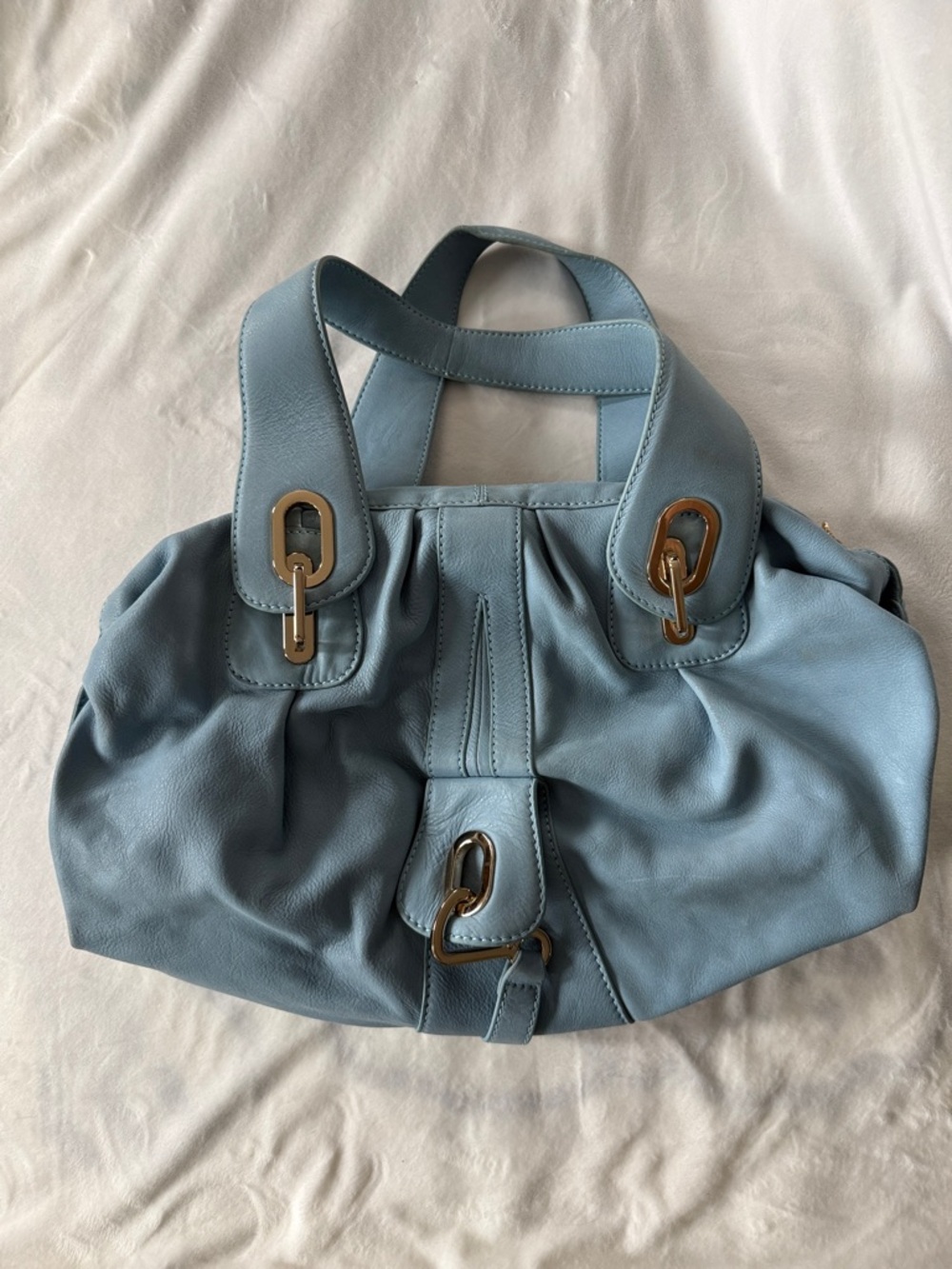 GUSTTO Classic Soft Leather Tote Bag in Light Blue